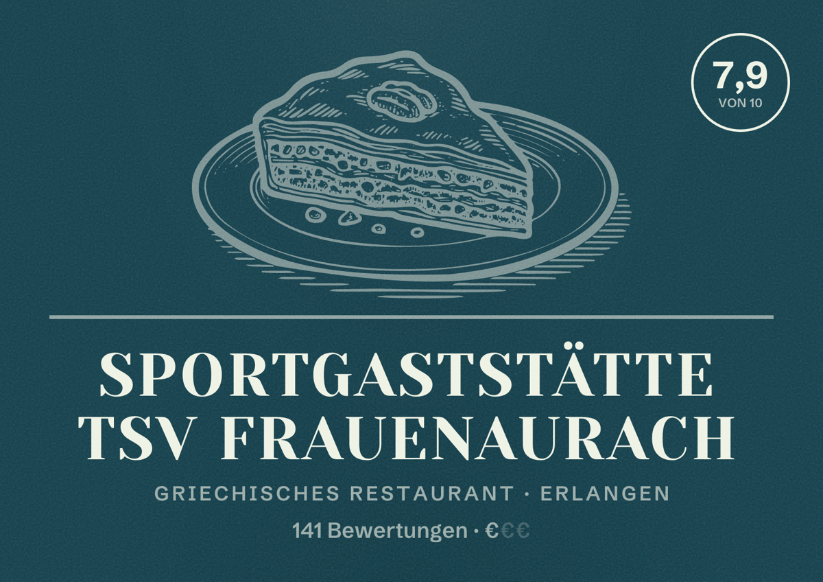 Illustriertes Poster von Sportgaststätte TSV Frauenaurach, Griechisches Restaurant in Erlangen: Bewertung 7,9 von 10 aus 141 Bewertungen, Preisniveau €