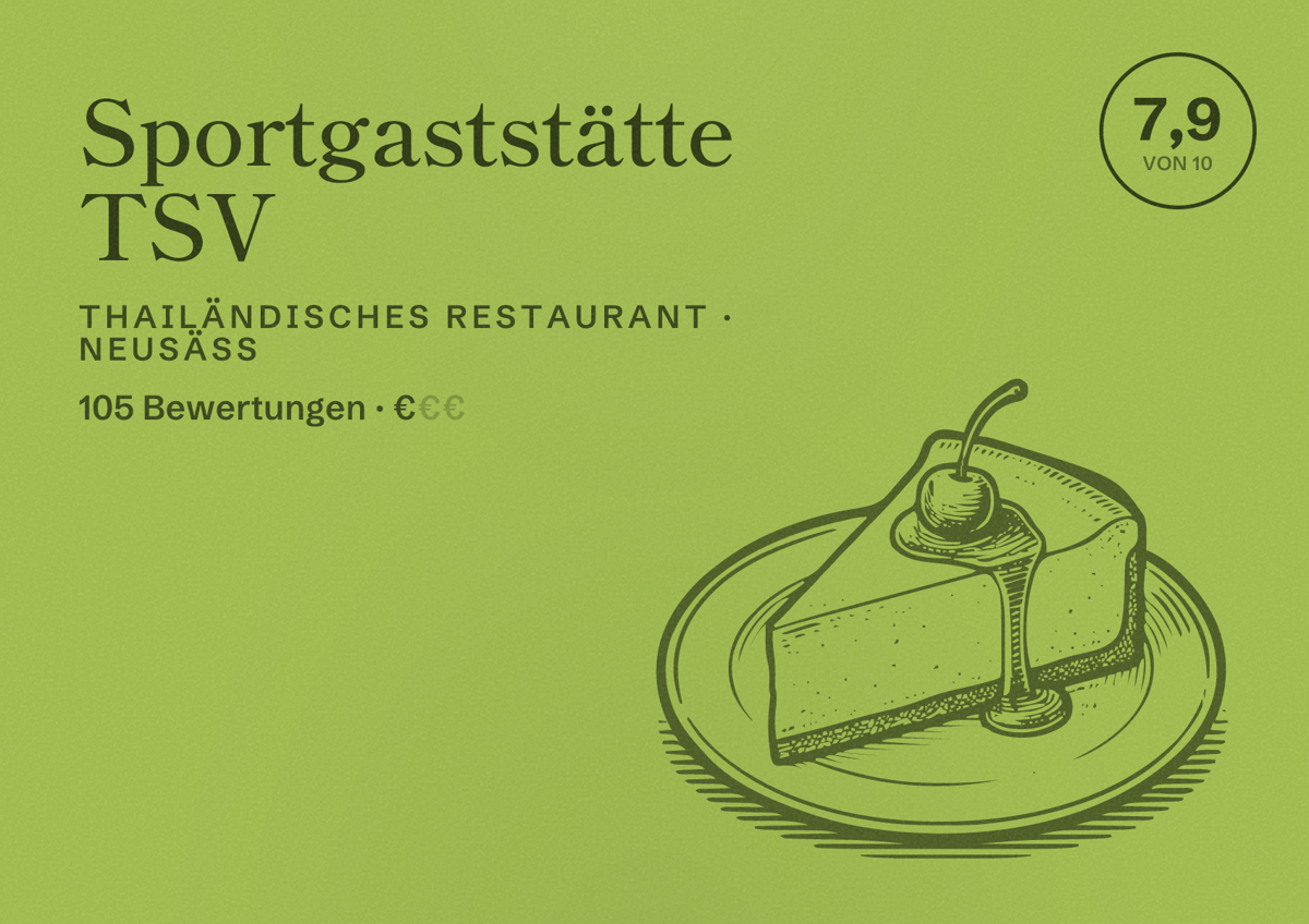 Illustriertes Poster von Sportgaststätte TSV, Thailändisches Restaurant in Neusäß: Bewertung 7,9 von 10 aus 105 Bewertungen, Preisniveau €