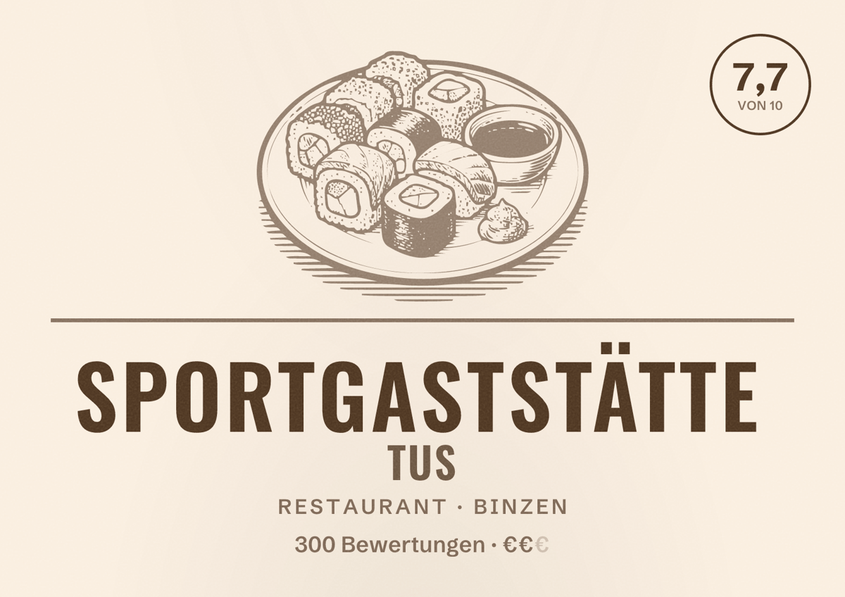 Illustriertes Poster von Sportgaststätte TuS, Restaurant in Binzen: Bewertung 7,7 von 10 aus 300 Bewertungen, Preisniveau €€