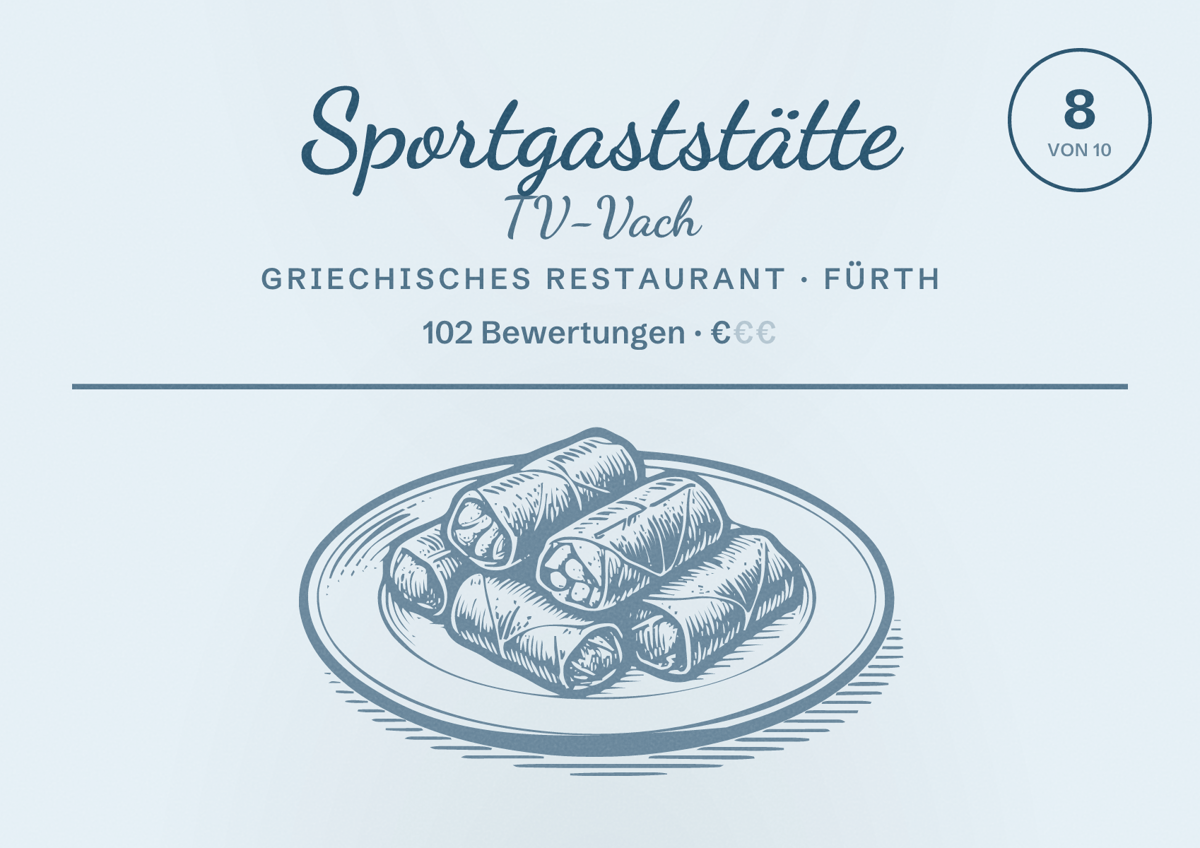 Illustriertes Poster von Sportgaststätte TV-Vach, Griechisches Restaurant in Fürth: Bewertung 8 von 10 aus 102 Bewertungen, Preisniveau €