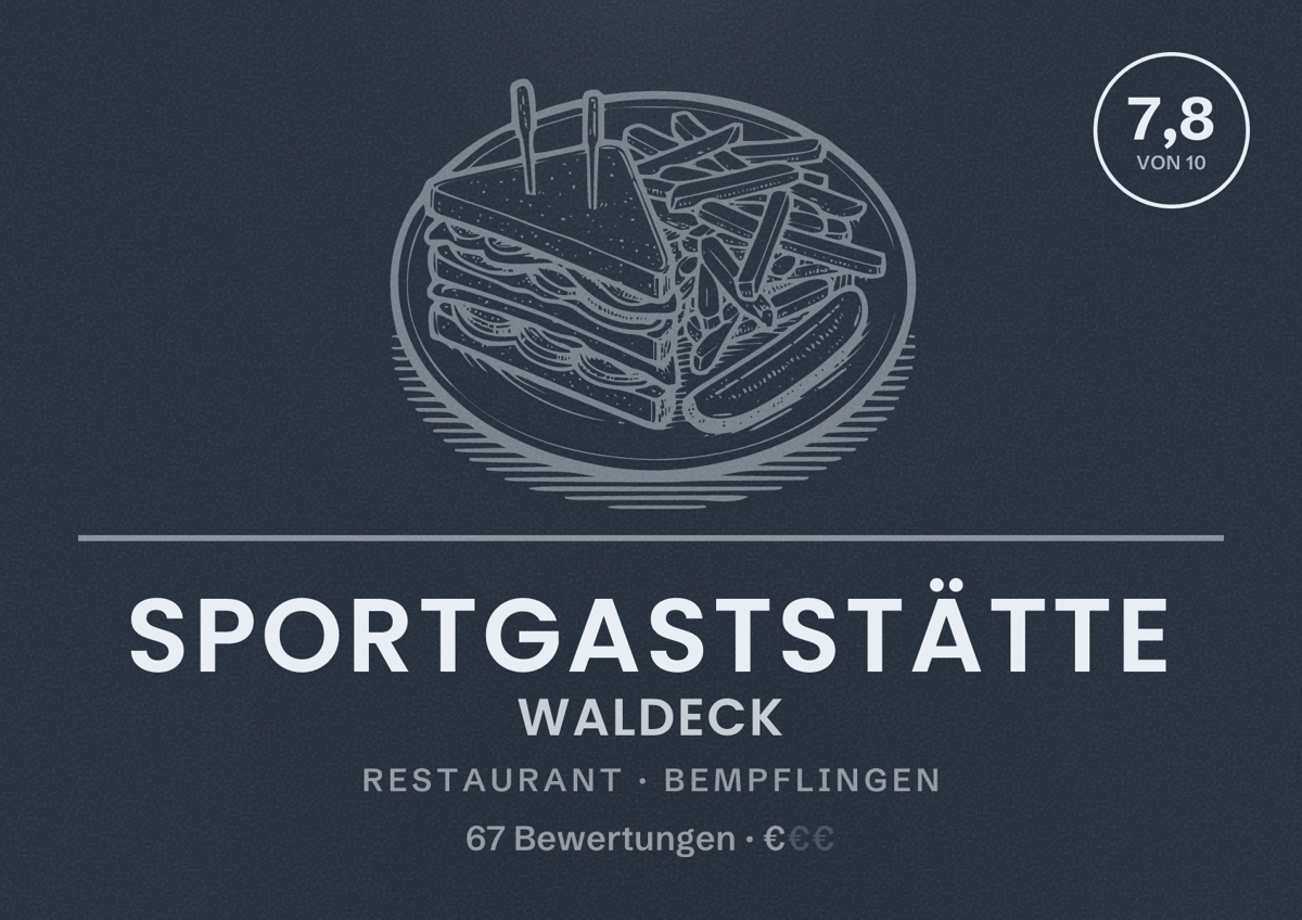 Illustriertes Poster von Sportgaststätte Waldeck, Restaurant in Bempflingen: Bewertung 7,8 von 10 aus 67 Bewertungen, Preisniveau €