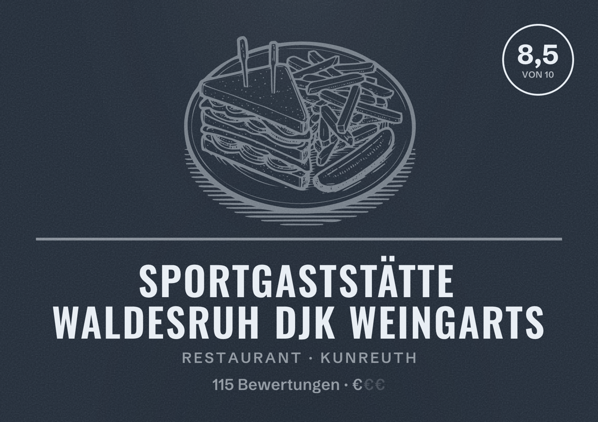 Illustriertes Poster von Sportgaststätte Waldesruh DJK Weingarts, Restaurant in Kunreuth: Bewertung 8,5 von 10 aus 115 Bewertungen, Preisniveau €