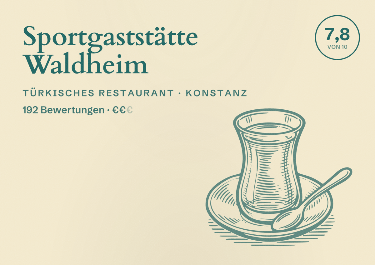Illustriertes Poster von Sportgaststätte Waldheim, Türkisches Restaurant in Konstanz: Bewertung 7,8 von 10 aus 192 Bewertungen, Preisniveau €€
