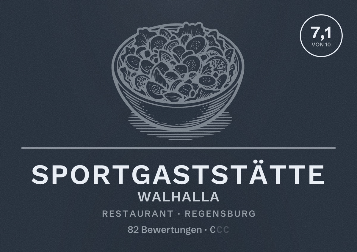 Illustriertes Poster von Sportgaststätte Walhalla, Restaurant in Regensburg: Bewertung 7,1 von 10 aus 82 Bewertungen, Preisniveau €