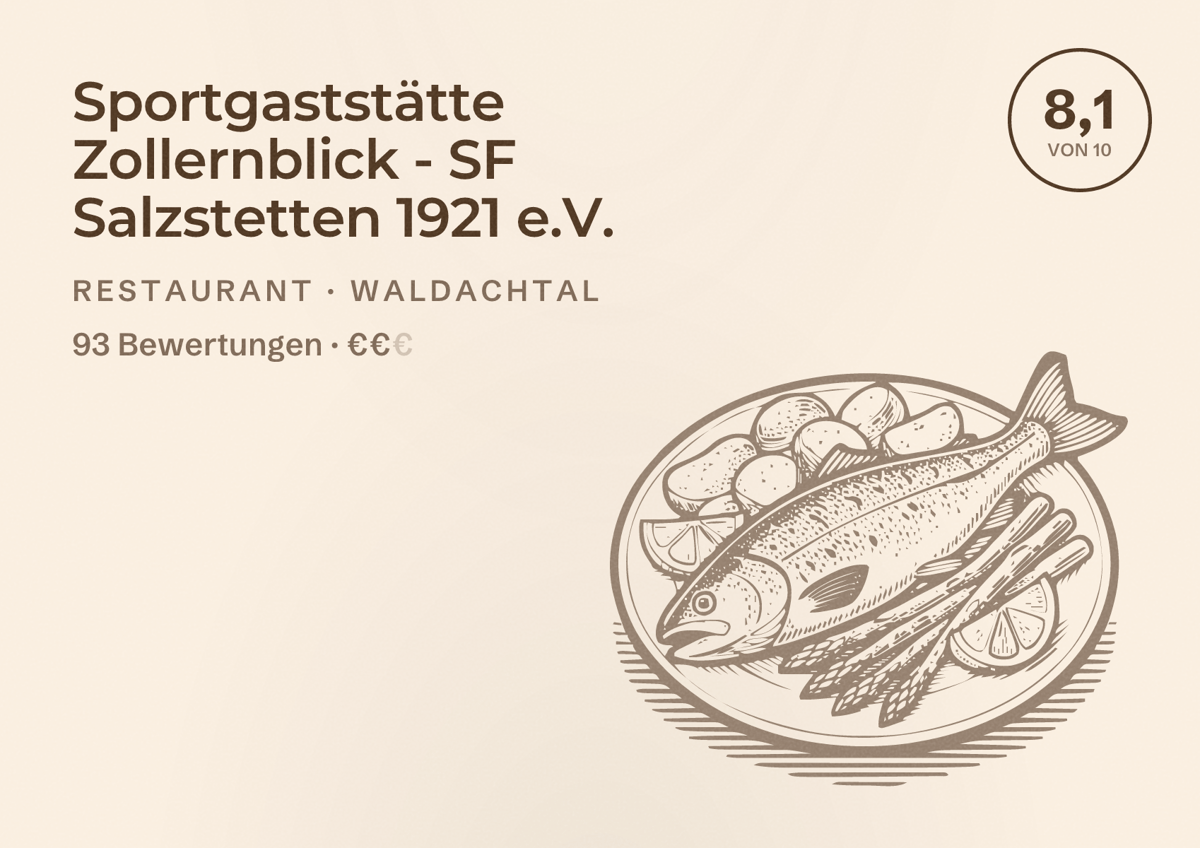 Illustriertes Poster von Sportgaststätte Zollernblick - SF Salzstetten 1921 e.V., Restaurant in Waldachtal: Bewertung 8,1 von 10 aus 93 Bewertungen, Preisniveau €€