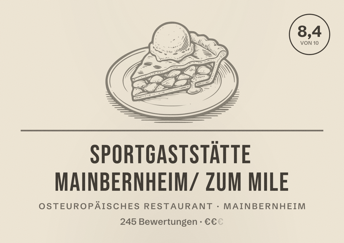 Illustriertes Poster von Sportgaststätte Mainbernheim/ zum Mile, Osteuropäisches Restaurant in Mainbernheim: Bewertung 8,4 von 10 aus 245 Bewertungen, Preisniveau €€