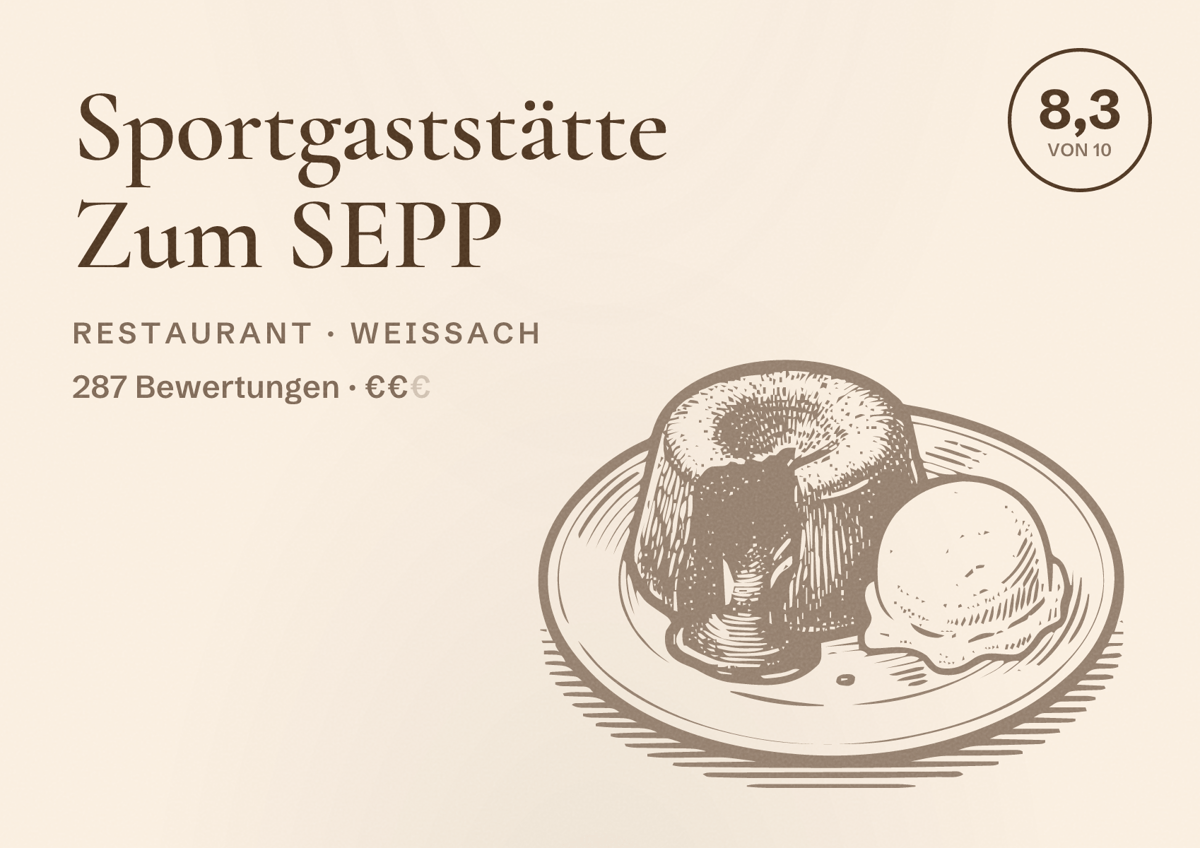 Illustriertes Poster von Sportgaststätte Zum SEPP, Restaurant in Weissach: Bewertung 8,3 von 10 aus 287 Bewertungen, Preisniveau €€