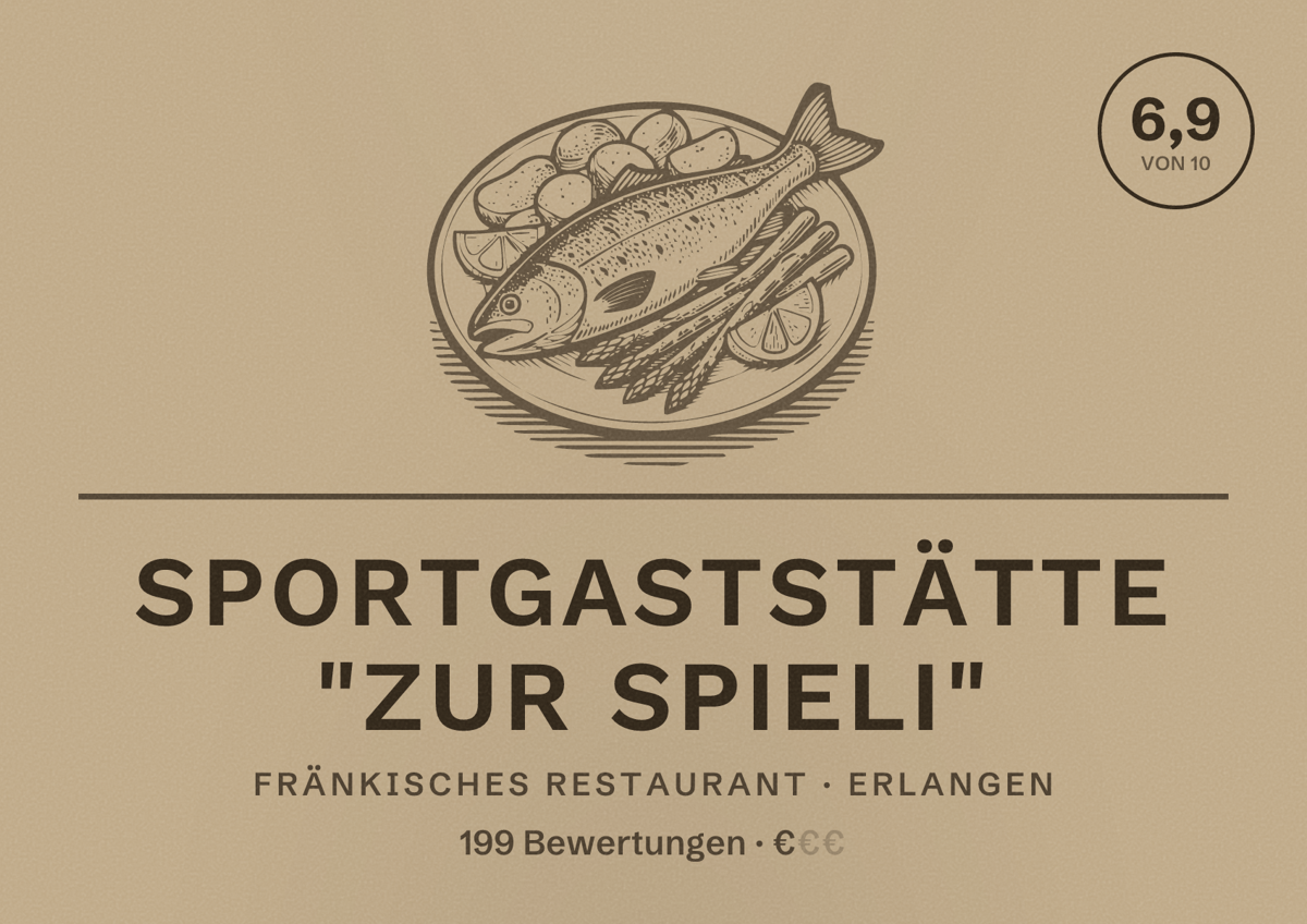 Illustriertes Poster von Sportgaststätte "Zur Spieli", Fränkisches Restaurant in Erlangen: Bewertung 6,9 von 10 aus 199 Bewertungen, Preisniveau €