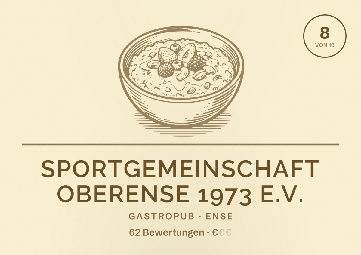 Illustriertes Poster von Sportgemeinschaft Oberense 1973 e.V., Gastropub in Ense: Bewertung 8 von 10 aus 62 Bewertungen, Preisniveau €
