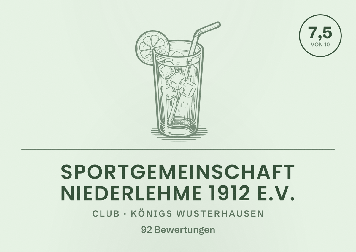 Illustriertes Poster von Sportgemeinschaft Niederlehme 1912 e.V., Club in Königs Wusterhausen: Bewertung 7,5 von 10 aus 92 Bewertungen