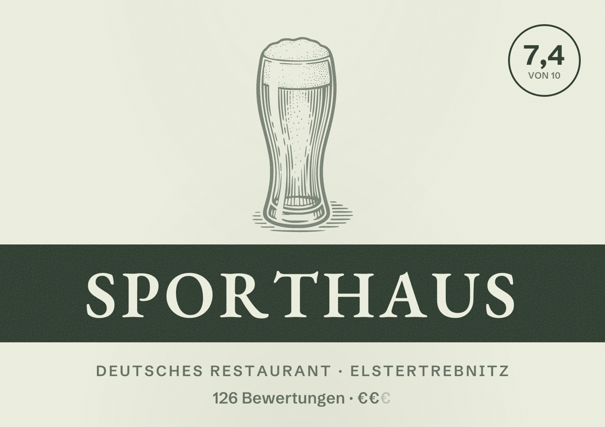 Illustriertes Poster von Sporthaus, Deutsches Restaurant in Elstertrebnitz: Bewertung 7,4 von 10 aus 126 Bewertungen, Preisniveau €€