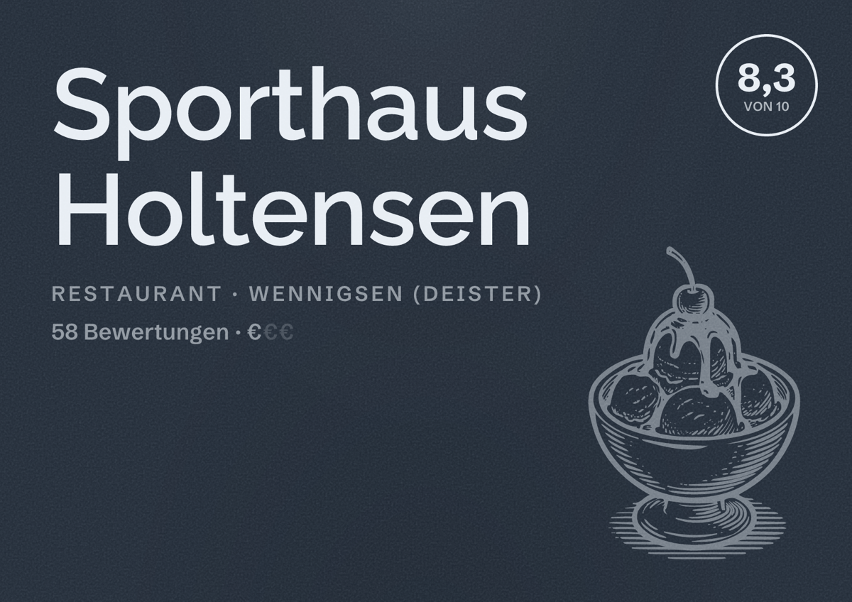 Illustriertes Poster von Sporthaus Holtensen, Restaurant in Wennigsen (Deister): Bewertung 8,3 von 10 aus 58 Bewertungen, Preisniveau €