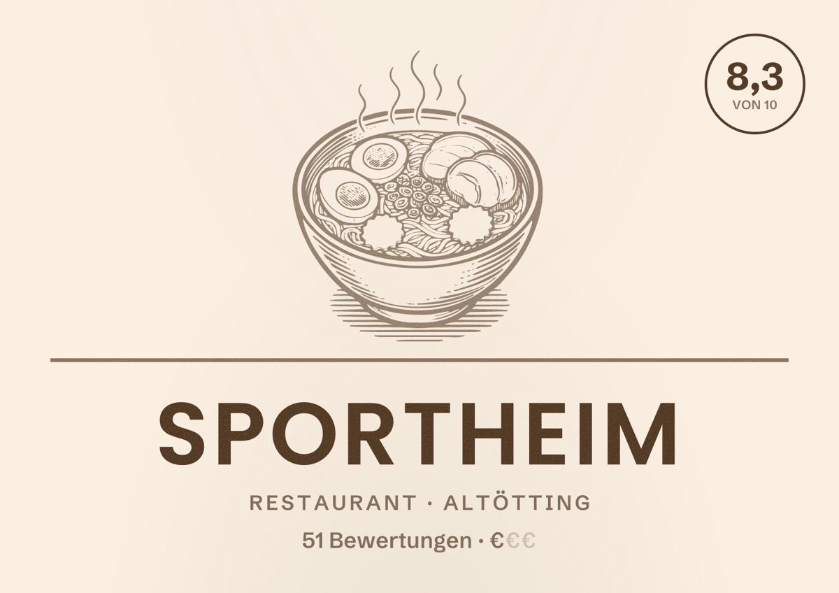 Illustriertes Poster von Sportheim, Restaurant in Altötting: Bewertung 8,3 von 10 aus 51 Bewertungen, Preisniveau €