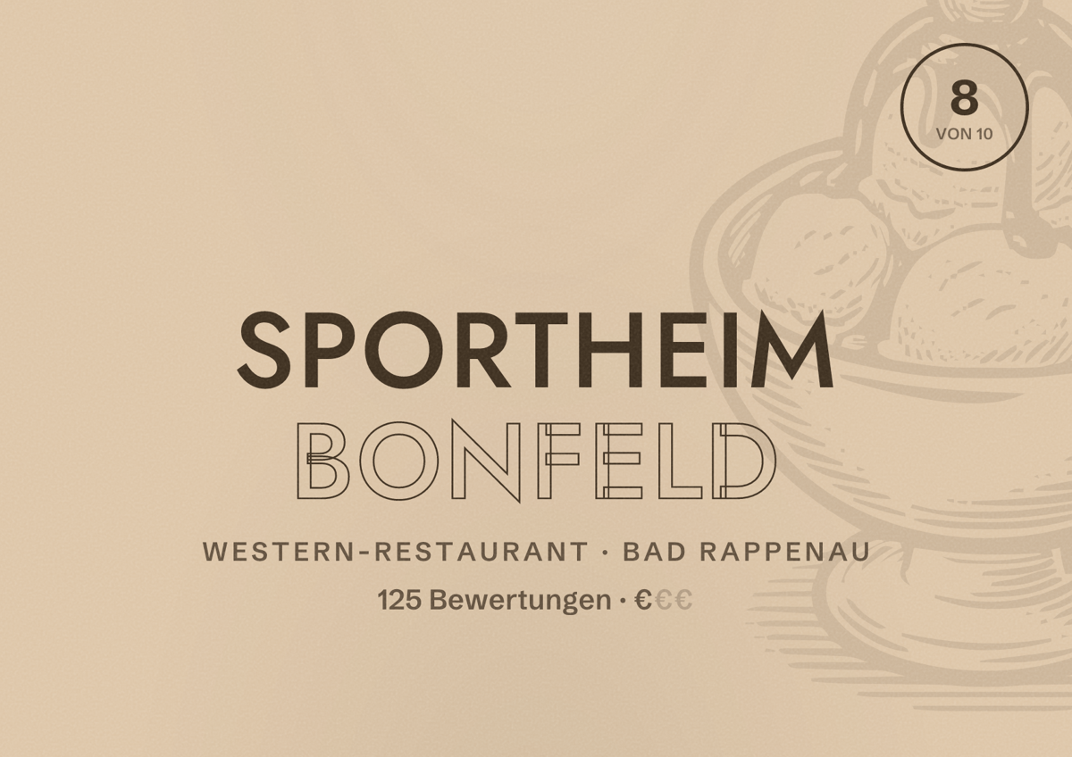 Illustriertes Poster von Sportheim Bonfeld, Western-Restaurant in Bad Rappenau: Bewertung 8 von 10 aus 125 Bewertungen, Preisniveau €