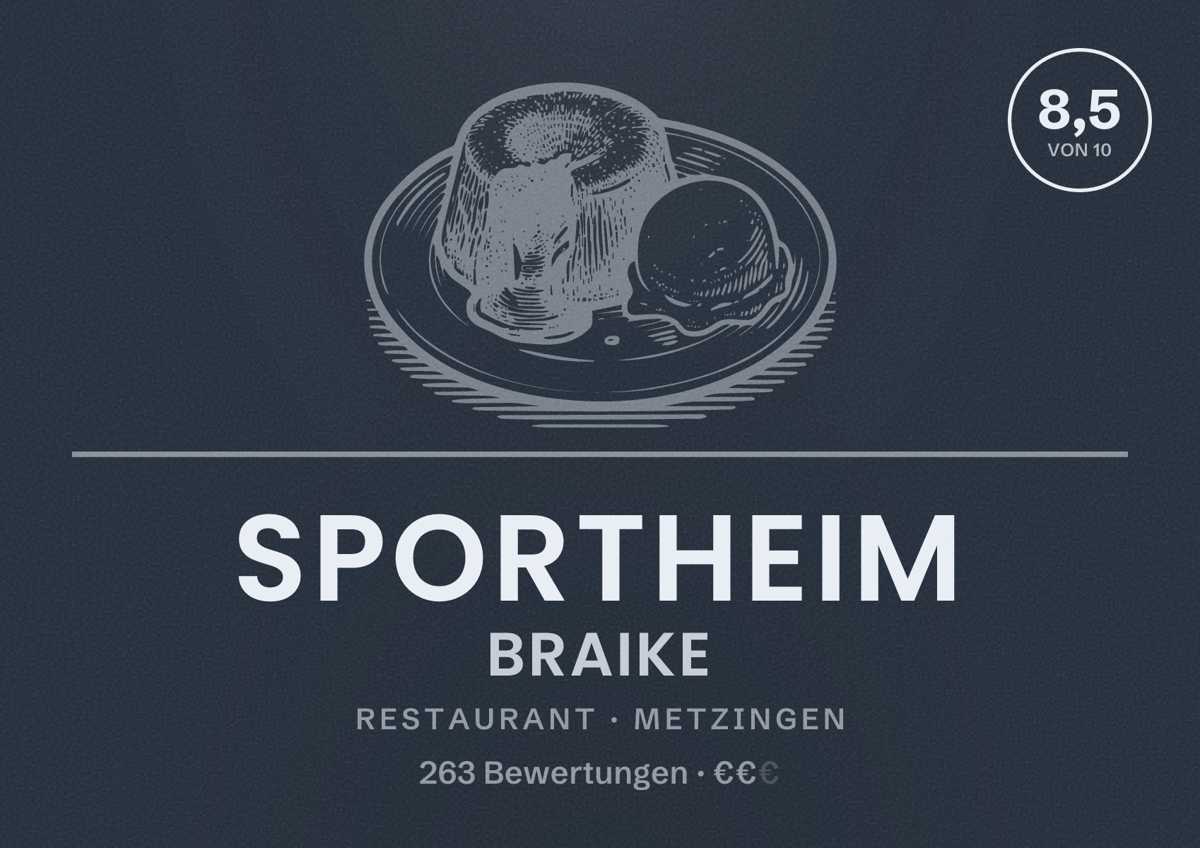 Illustriertes Poster von Sportheim Braike, Restaurant in Metzingen: Bewertung 8,5 von 10 aus 263 Bewertungen, Preisniveau €€