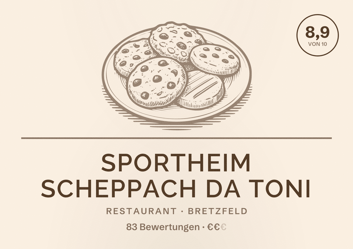 Illustriertes Poster von Sportheim Scheppach Da Toni, Restaurant in Bretzfeld: Bewertung 8,9 von 10 aus 83 Bewertungen, Preisniveau €€