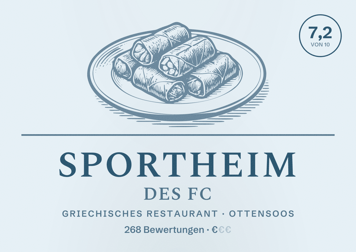 Illustriertes Poster von Sportheim des FC, Griechisches Restaurant in Ottensoos: Bewertung 7,2 von 10 aus 268 Bewertungen, Preisniveau €