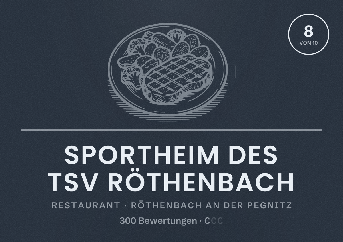 Illustriertes Poster von Sportheim des TSV Röthenbach, Restaurant in Röthenbach an der Pegnitz: Bewertung 8 von 10 aus 300 Bewertungen, Preisniveau €