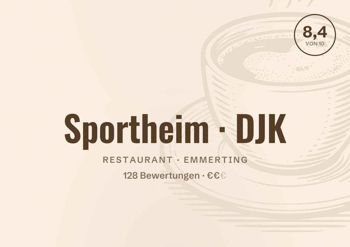 Illustriertes Poster von Sportheim DJK, Restaurant in Emmerting: Bewertung 8,4 von 10 aus 128 Bewertungen, Preisniveau €€