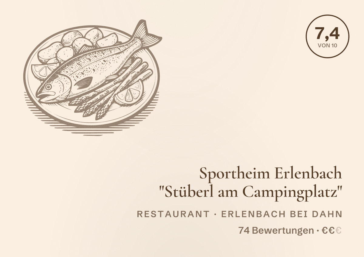 Illustriertes Poster von Sportheim Erlenbach "Stüberl am Campingplatz", Restaurant in Erlenbach bei Dahn: Bewertung 7,4 von 10 aus 74 Bewertungen, Preisniveau €€