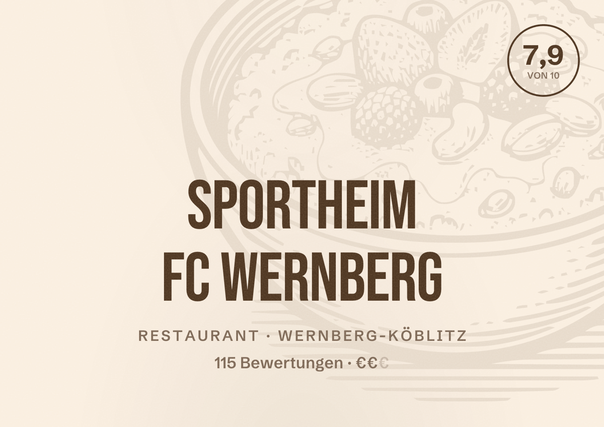 Illustriertes Poster von Sportheim FC Wernberg, Restaurant in Wernberg-Köblitz: Bewertung 7,9 von 10 aus 115 Bewertungen, Preisniveau €€