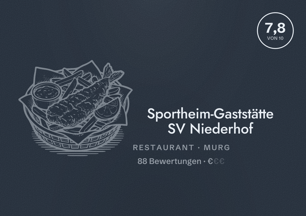 Illustriertes Poster von Sportheim-Gaststätte SV Niederhof, Restaurant in Murg: Bewertung 7,8 von 10 aus 88 Bewertungen, Preisniveau €