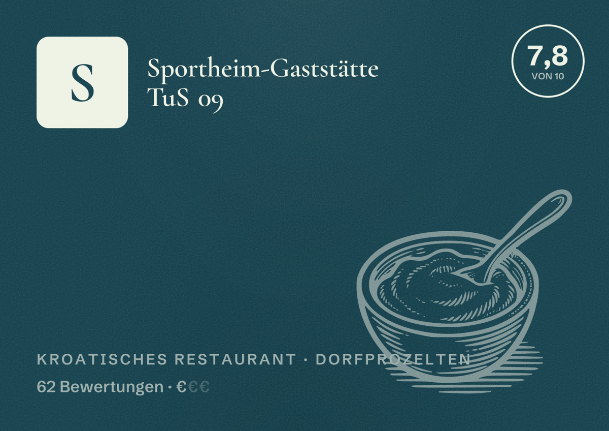 Illustriertes Poster von Sportheim-Gaststätte TuS 09, Kroatisches Restaurant in Dorfprozelten: Bewertung 7,8 von 10 aus 62 Bewertungen, Preisniveau €