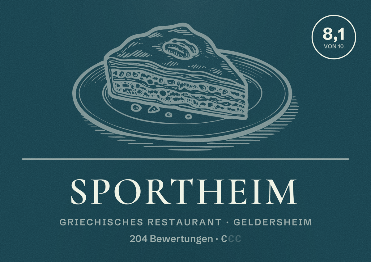 Illustriertes Poster von Sportheim, Griechisches Restaurant in Geldersheim: Bewertung 8,1 von 10 aus 204 Bewertungen, Preisniveau €