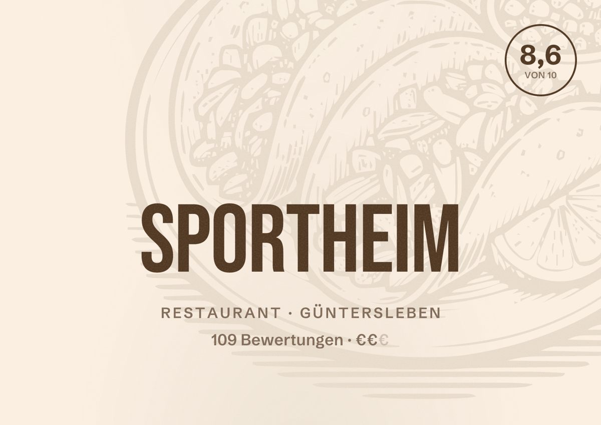 Illustriertes Poster von Sportheim, Restaurant in Güntersleben: Bewertung 8,6 von 10 aus 109 Bewertungen, Preisniveau €€