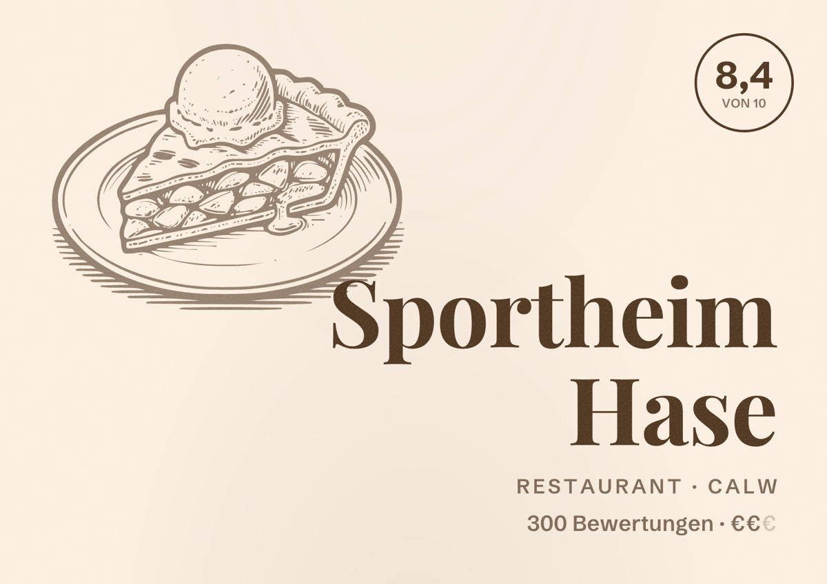 Illustriertes Poster von Sportheim Hase, Restaurant in Calw: Bewertung 8,4 von 10 aus 300 Bewertungen, Preisniveau €€