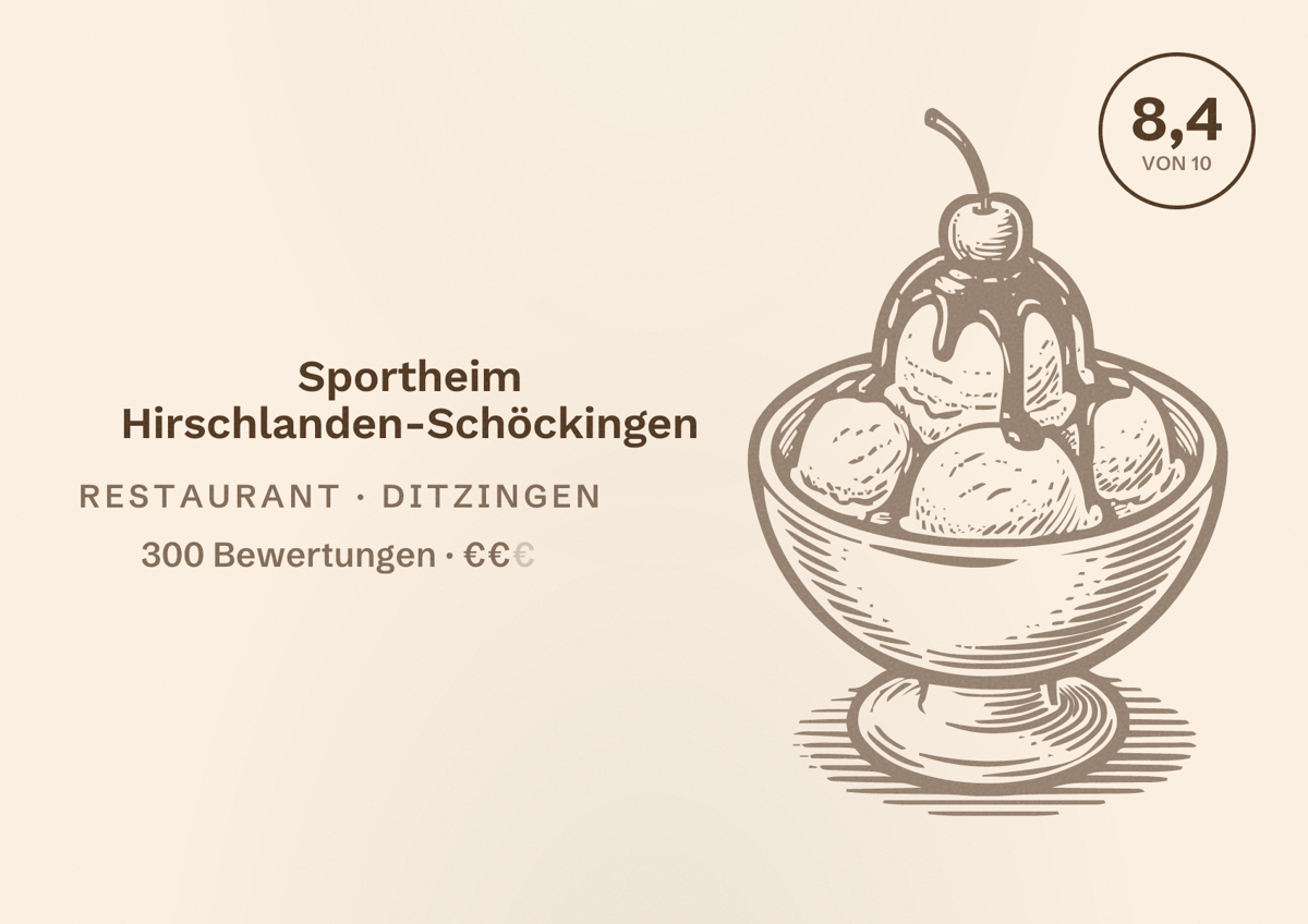 Illustriertes Poster von Sportheim Hirschlanden-Schöckingen, Restaurant in Ditzingen: Bewertung 8,4 von 10 aus 300 Bewertungen, Preisniveau €€