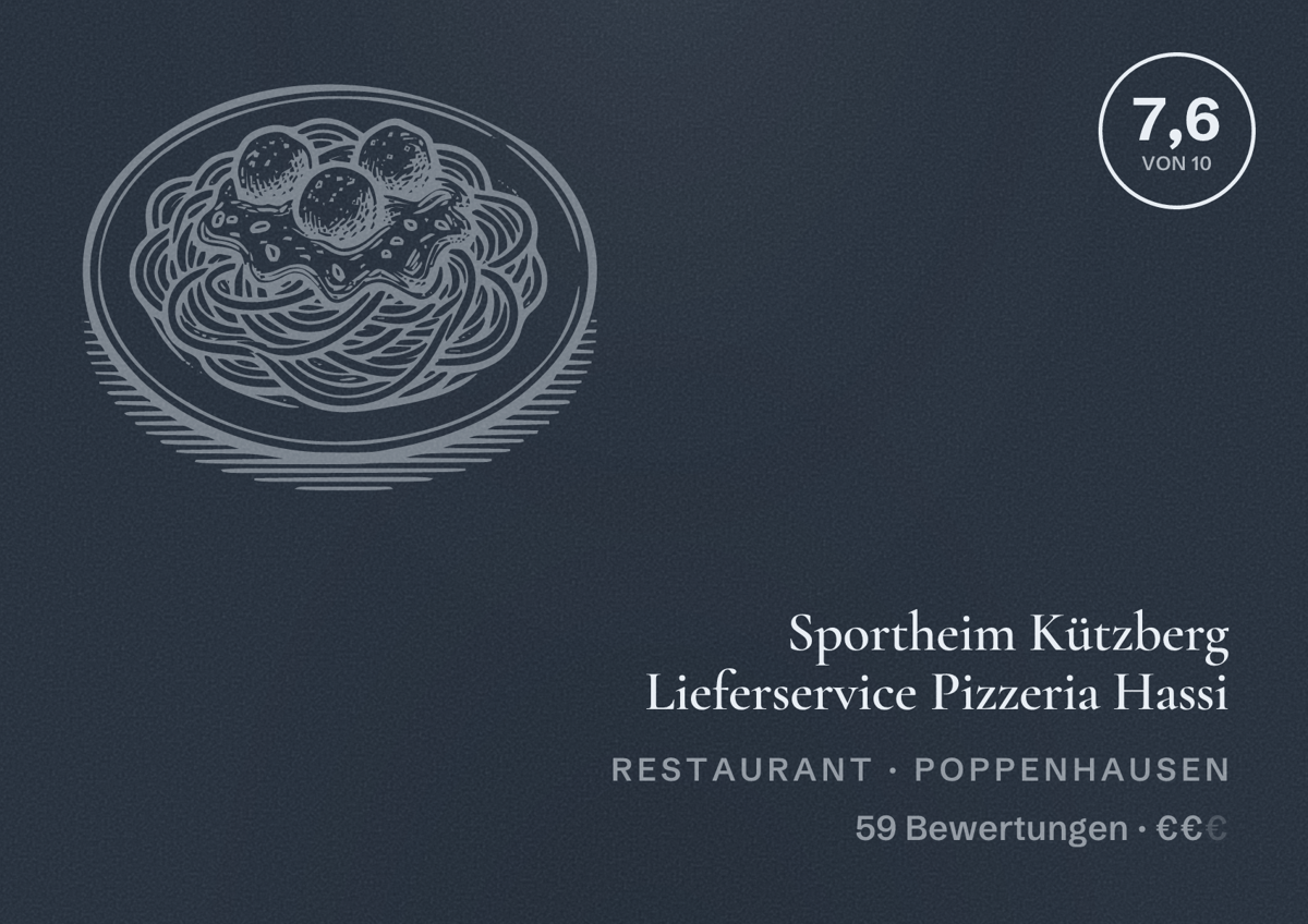Illustriertes Poster von Sportheim Kützberg Lieferservice Pizzeria Hassi, Restaurant in Poppenhausen: Bewertung 7,6 von 10 aus 59 Bewertungen, Preisniveau €€