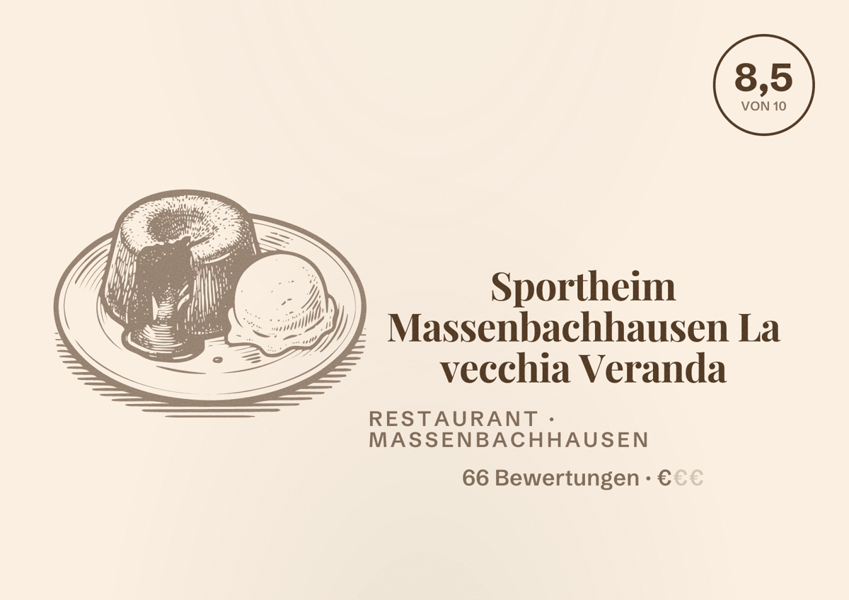 Illustriertes Poster von Sportheim Massenbachhausen La vecchia Veranda, Restaurant in Massenbachhausen: Bewertung 8,5 von 10 aus 66 Bewertungen, Preisniveau €