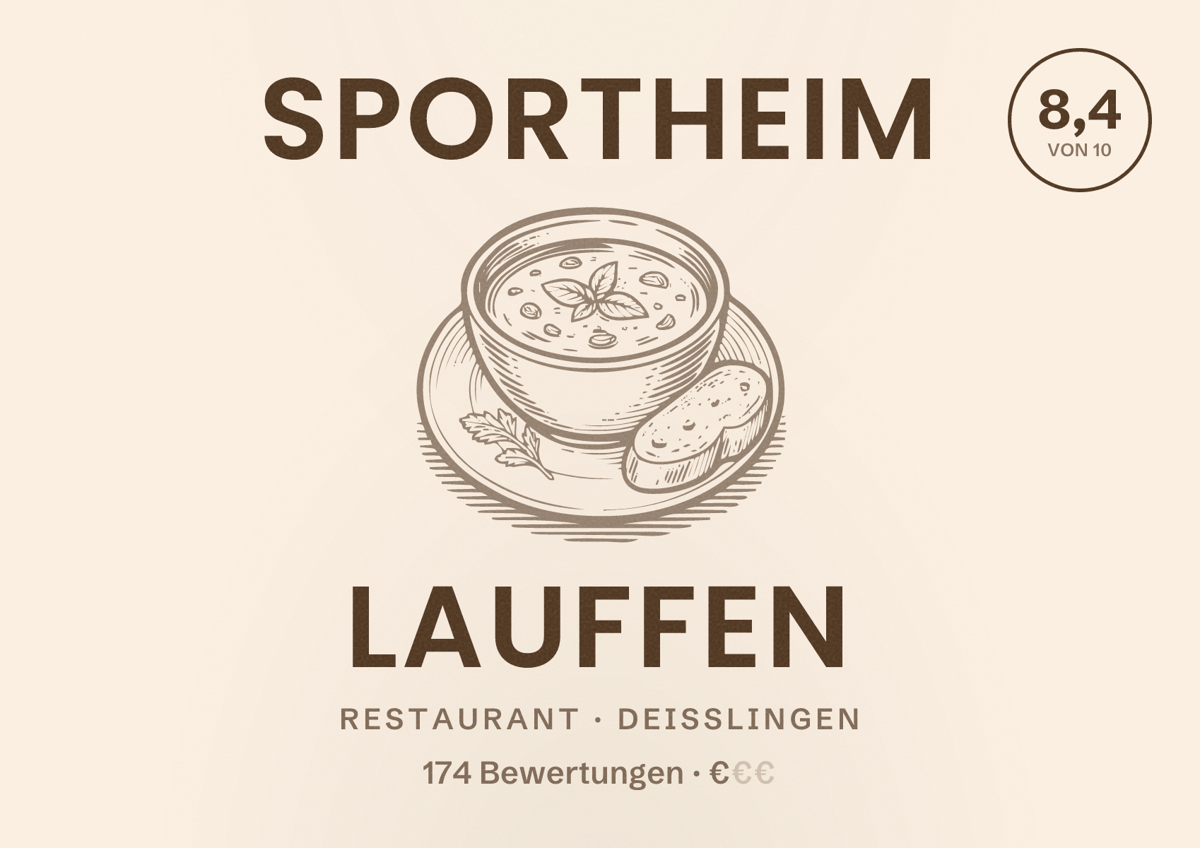 Illustriertes Poster von Sportheim Lauffen, Restaurant in Deißlingen: Bewertung 8,4 von 10 aus 174 Bewertungen, Preisniveau €