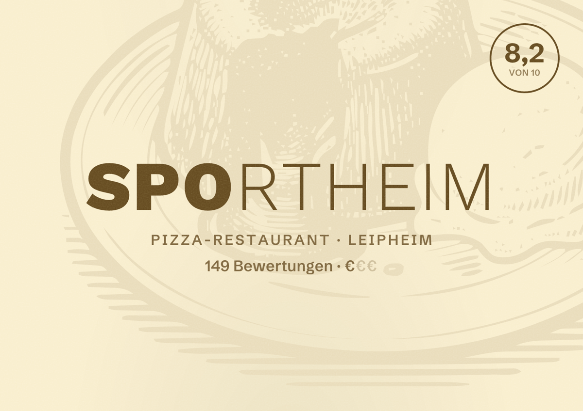 Illustriertes Poster von Sportheim, Pizza-Restaurant in Leipheim: Bewertung 8,2 von 10 aus 149 Bewertungen, Preisniveau €