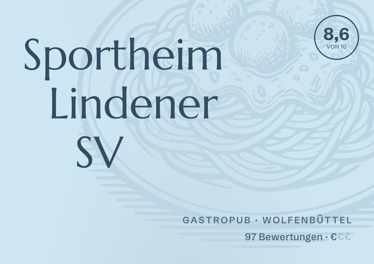 Illustriertes Poster von Sportheim Lindener SV, Gastropub in Wolfenbüttel: Bewertung 8,6 von 10 aus 97 Bewertungen, Preisniveau €