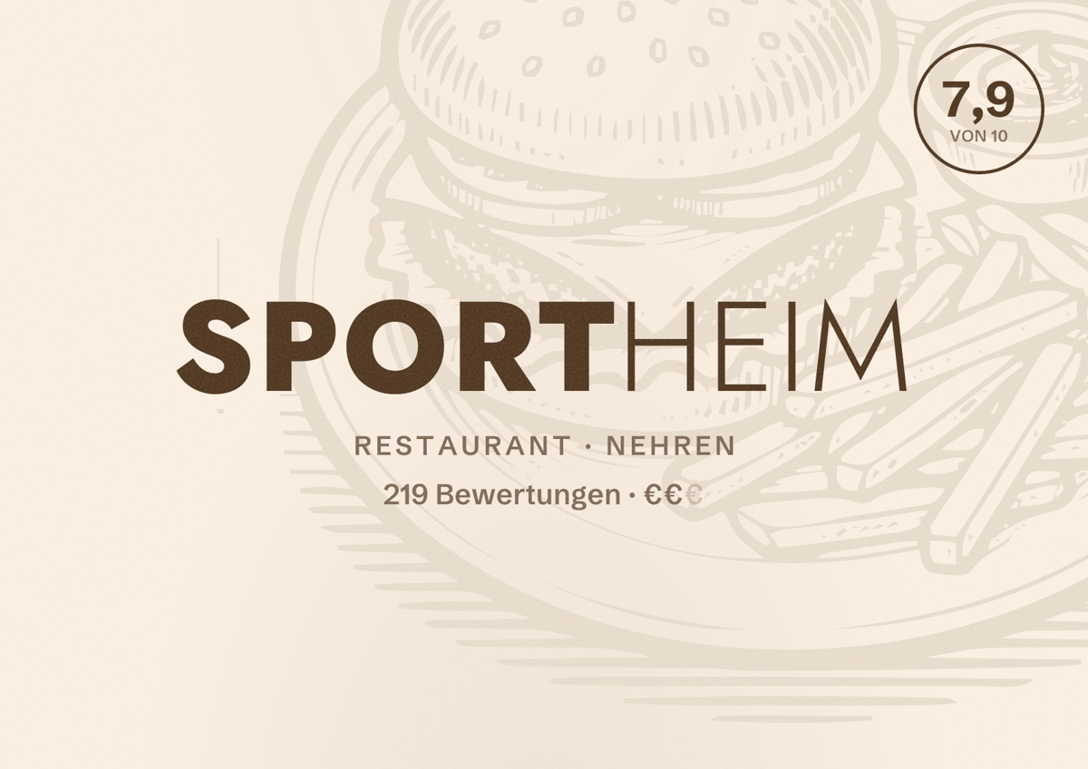 Illustriertes Poster von Sportheim, Restaurant in Nehren: Bewertung 7,9 von 10 aus 219 Bewertungen, Preisniveau €€
