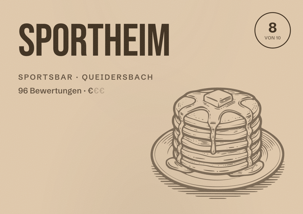 Illustriertes Poster von Sportheim, Sportsbar in Queidersbach: Bewertung 8 von 10 aus 96 Bewertungen, Preisniveau €