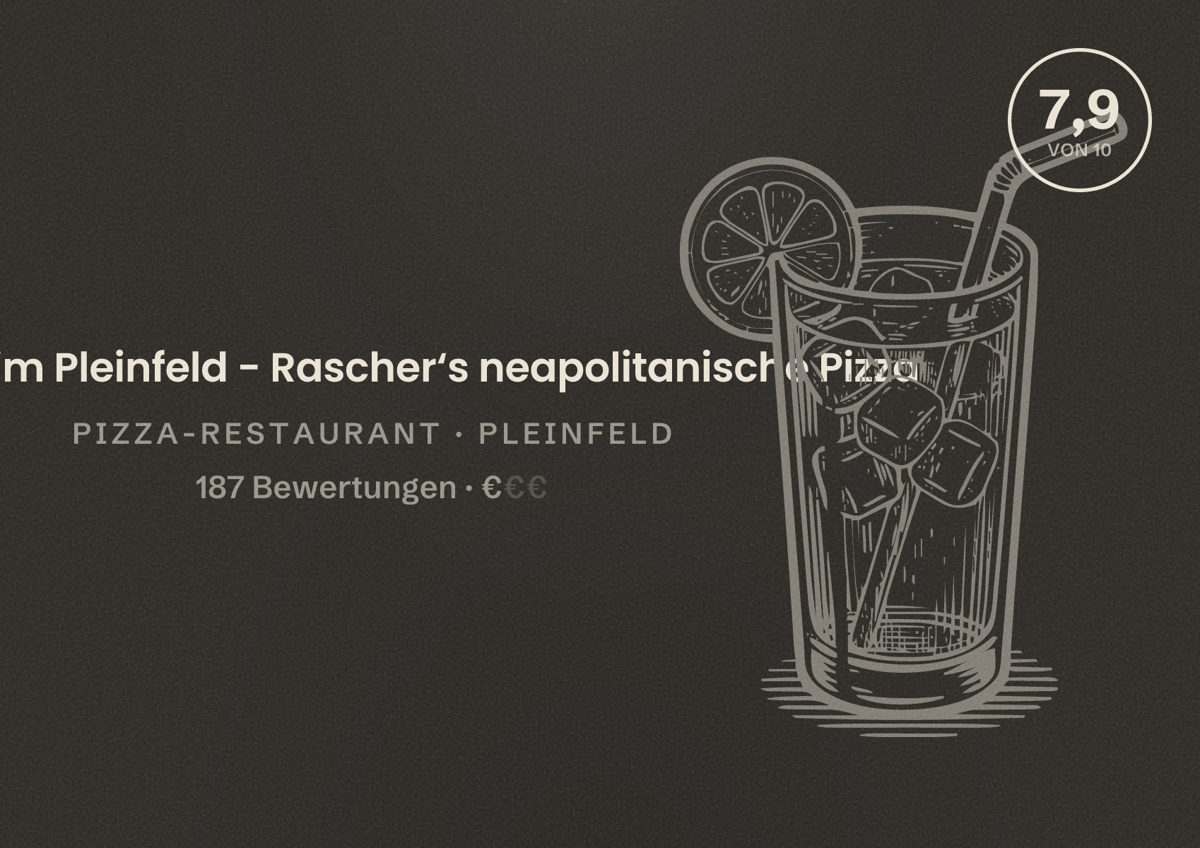 Illustriertes Poster von Sportheim Pleinfeld - Rascher‘s neapolitanische Pizza, Pizza-Restaurant in Pleinfeld: Bewertung 7,9 von 10 aus 187 Bewertungen, Preisniveau €