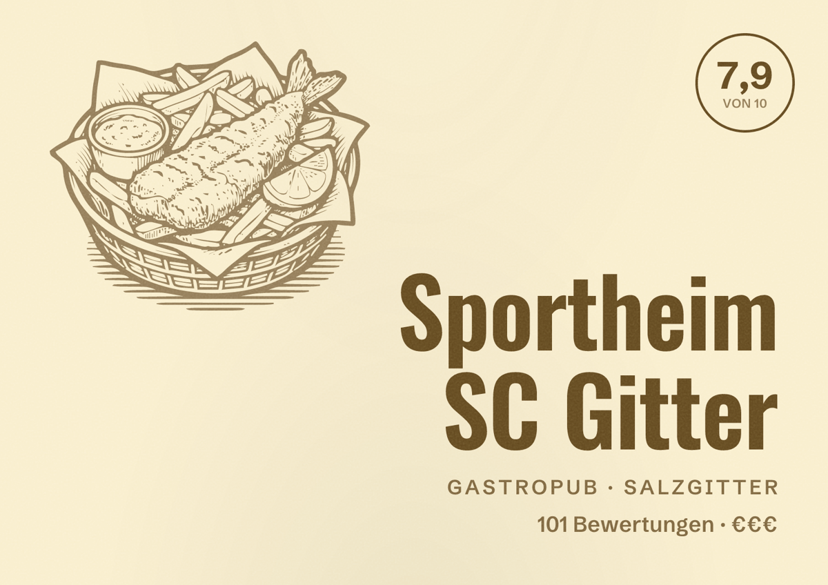 Illustriertes Poster von Sportheim SC Gitter, Gastropub in Salzgitter: Bewertung 7,9 von 10 aus 101 Bewertungen, Preisniveau €€€