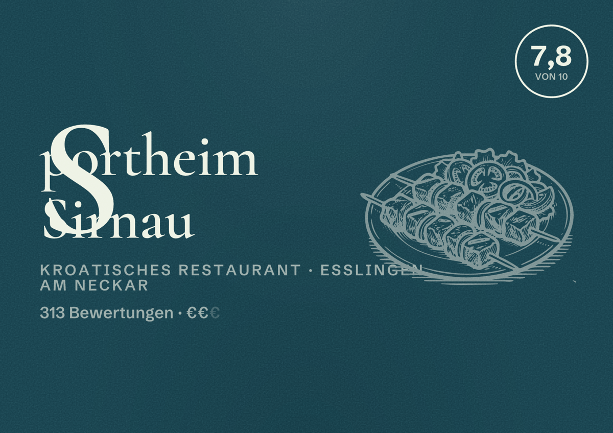 Illustriertes Poster von Sportheim Sirnau, Kroatisches Restaurant in Esslingen am Neckar: Gästebewertung 7,8 von 10 aus 313 Bewertungen