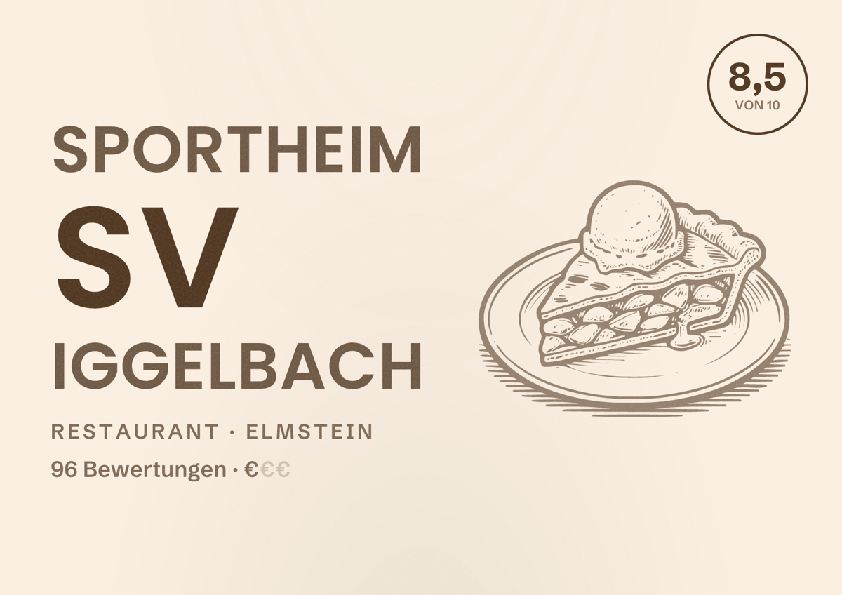 Illustriertes Poster von Sportheim SV Iggelbach, Restaurant in Elmstein: Bewertung 8,5 von 10 aus 96 Bewertungen, Preisniveau €