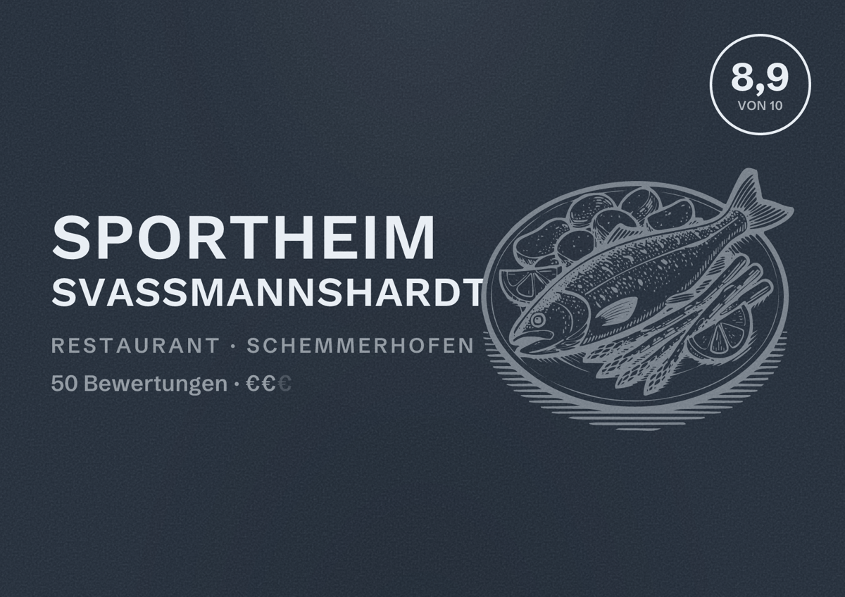 Illustriertes Poster von Sportheim SVAßmannshardt, Restaurant in Schemmerhofen: Bewertung 8,9 von 10 aus 50 Bewertungen, Preisniveau €€