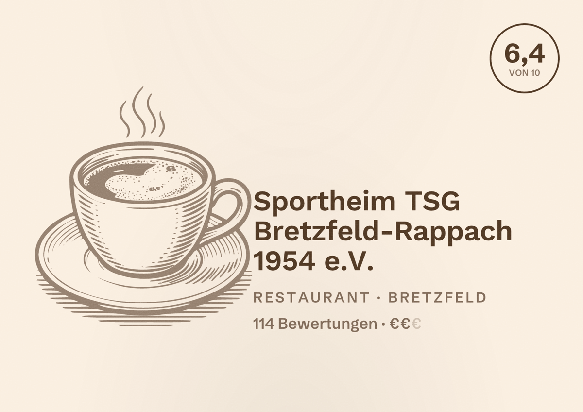 Illustriertes Poster von Sportheim TSG Bretzfeld-Rappach 1954 e.V., Restaurant in Bretzfeld: Bewertung 6,4 von 10 aus 114 Bewertungen, Preisniveau €€