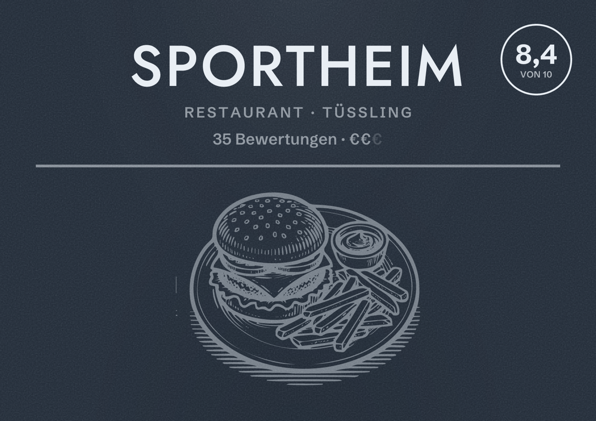 Illustriertes Poster von Sportheim, Restaurant in Tüßling: Bewertung 8,4 von 10 aus 35 Bewertungen, Preisniveau €€