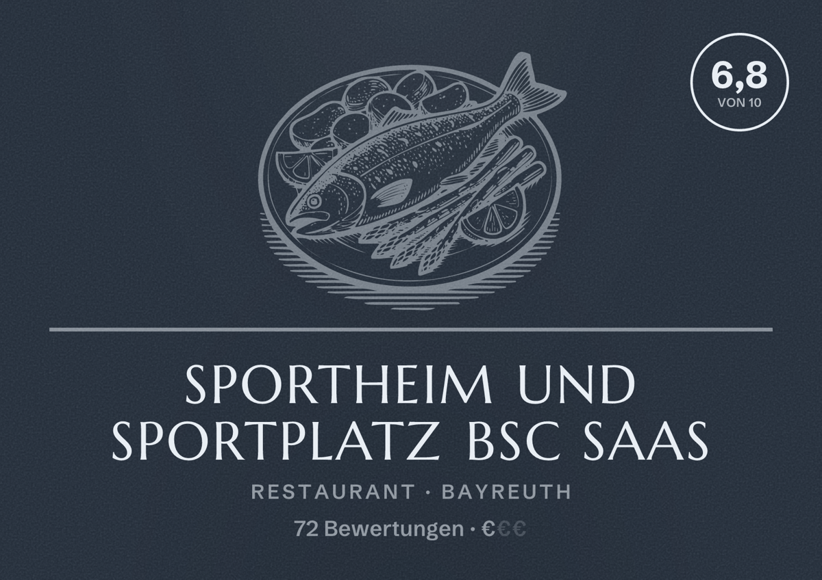 Illustriertes Poster von Sportheim und Sportplatz BSC Saas, Restaurant in Bayreuth: Bewertung 6,8 von 10 aus 72 Bewertungen, Preisniveau €