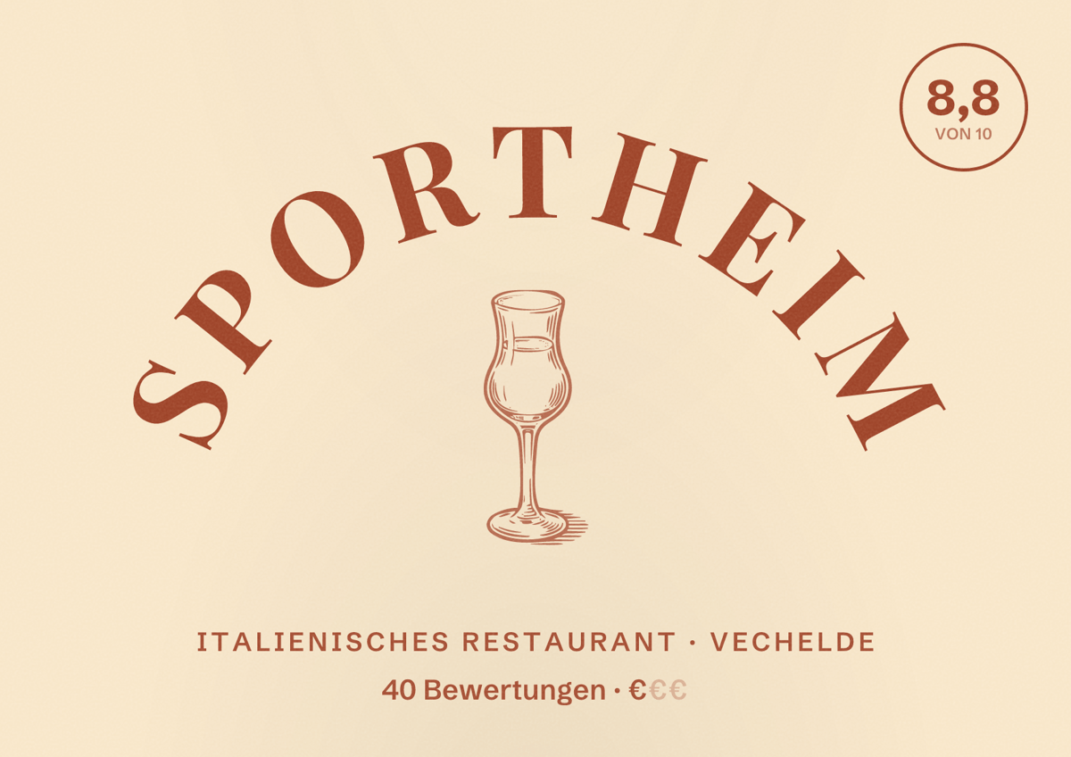 Illustriertes Poster von Sportheim, Italienisches Restaurant in Vechelde: Bewertung 8,8 von 10 aus 40 Bewertungen, Preisniveau €