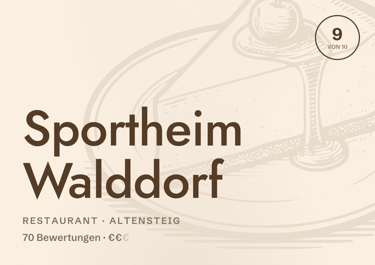 Illustriertes Poster von Sportheim Walddorf, Restaurant in Altensteig: Bewertung 9 von 10 aus 70 Bewertungen, Preisniveau €€
