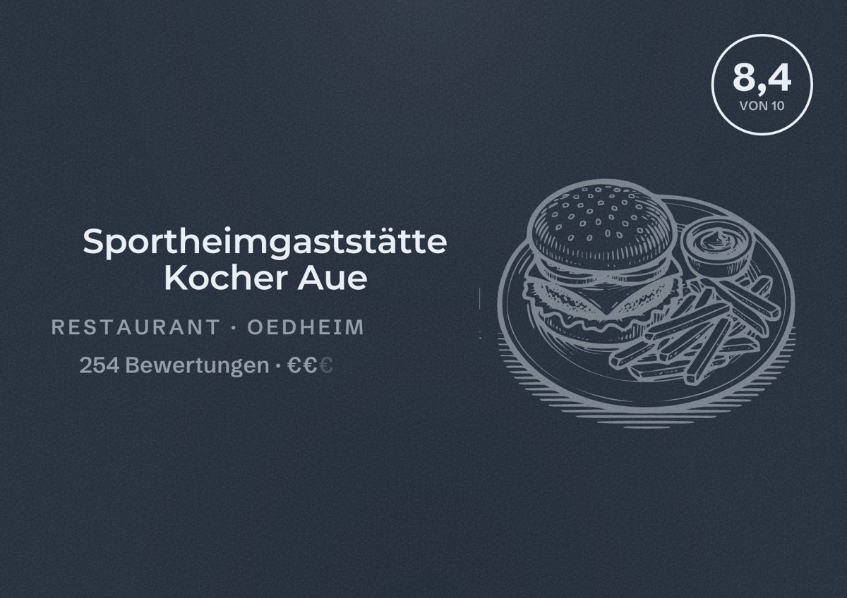 Illustriertes Poster von Sportheimgaststätte Kocher Aue, Restaurant in Oedheim: Bewertung 8,4 von 10 aus 254 Bewertungen, Preisniveau €€