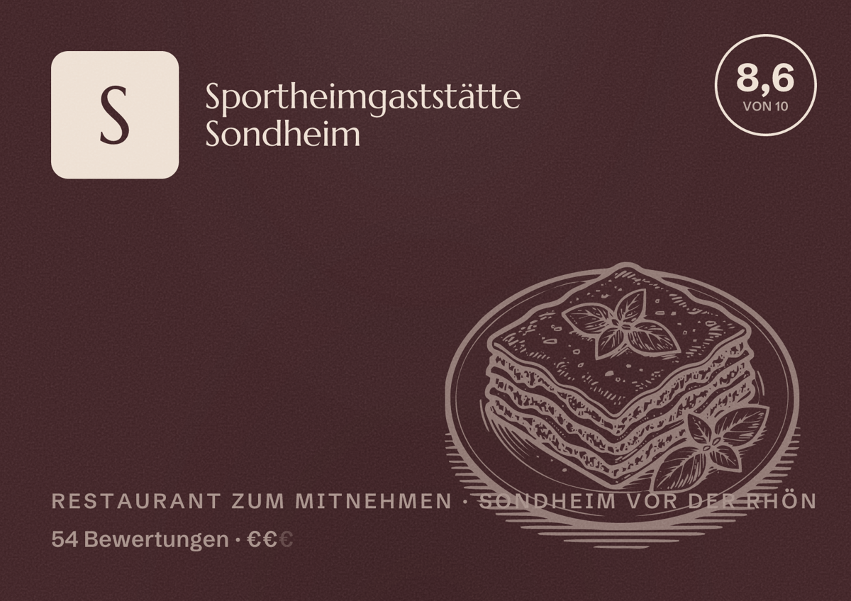 Illustriertes Poster von Sportheimgaststätte Sondheim, Restaurant zum Mitnehmen in Sondheim vor der Rhön: Bewertung 8,6 von 10 aus 54 Bewertungen, Preisniveau €€